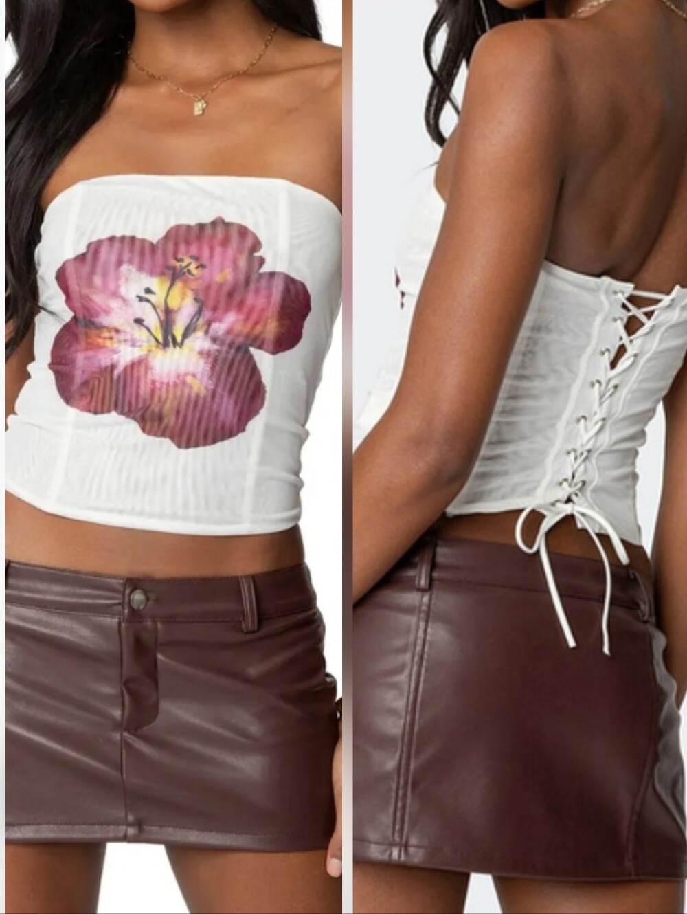 Edikted Mesh Hibicus Floral Cropped Tube Top Corset Lace-Up Rave Festival Beach